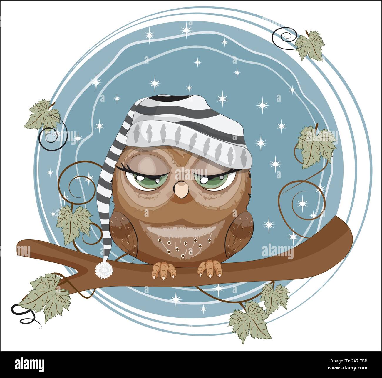 fairy tale Owl with green eyes in cap, sleep on branch in night sky.  Picture in hand drawing cartoon style, for t-shirt print, wear fashion  design, gr Stock Vector Image & Art -