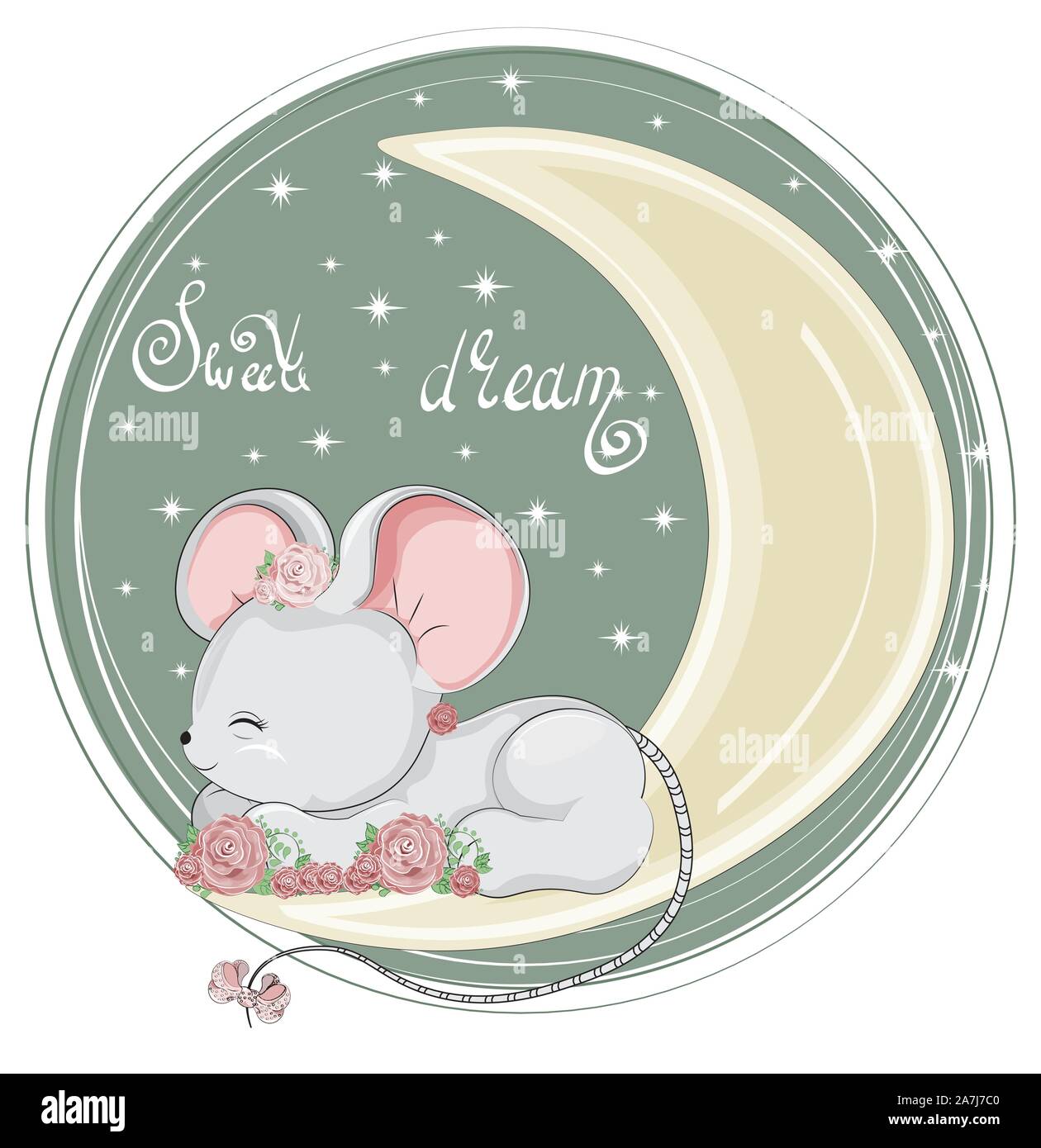 Isolated Sleepping Baby Girl Mouse Rat In Roses Flowers On Moon Picture In Hand Drawing Cartoon Style For T Shirt Wear Print Fashion Design Gree Stock Vector Image Art Alamy