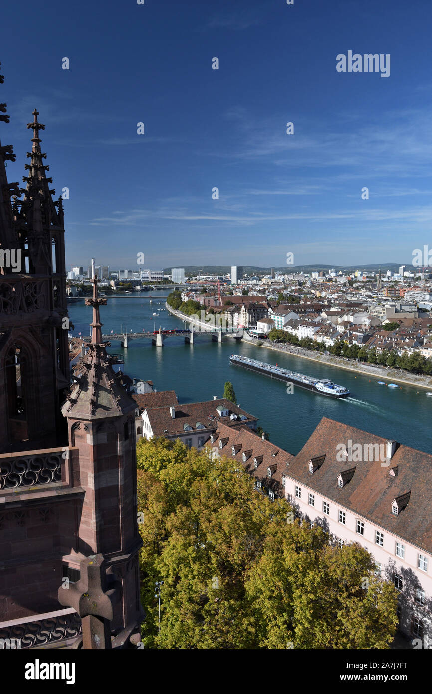 view of middle bridge;river rhine from st.martin's tower;basel minster;switzerland Stock Photo