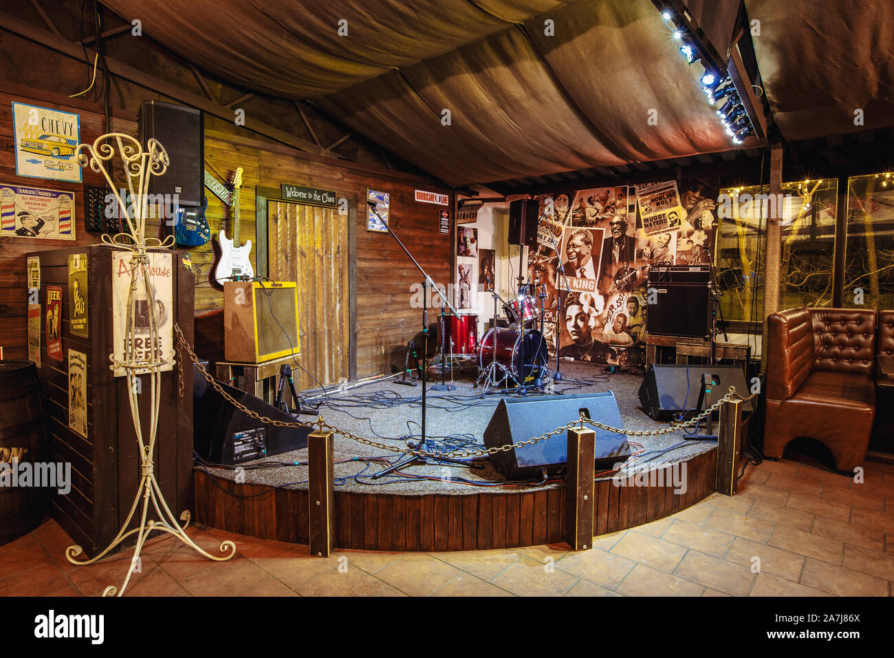 Kiev, Ukraine. a small stage with musical instruments for the
