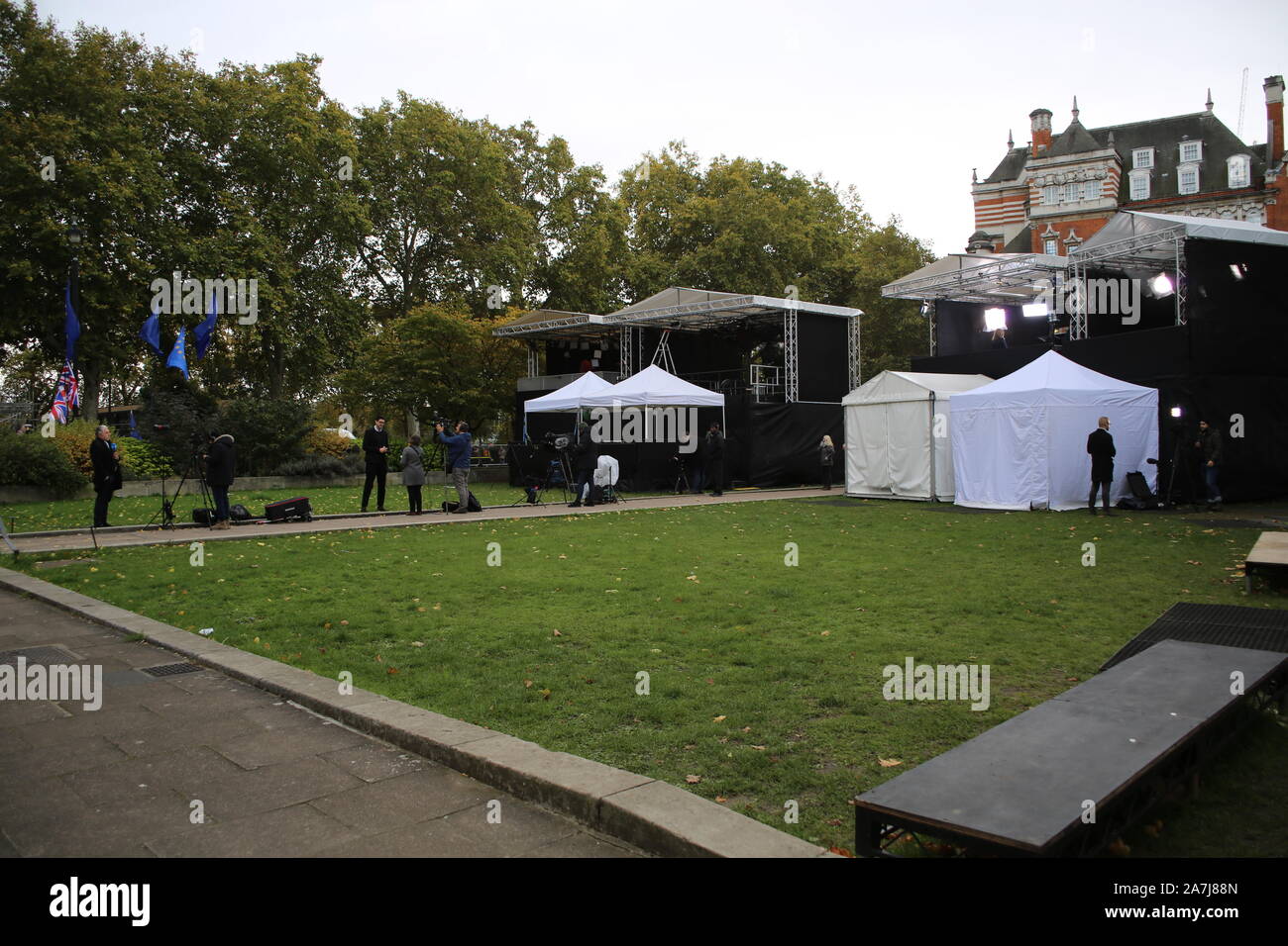 29 October 2019 London: Reporting on Brexit, a media village has sprung up outside the Houses of Parliament, London, UK Stock Photo
