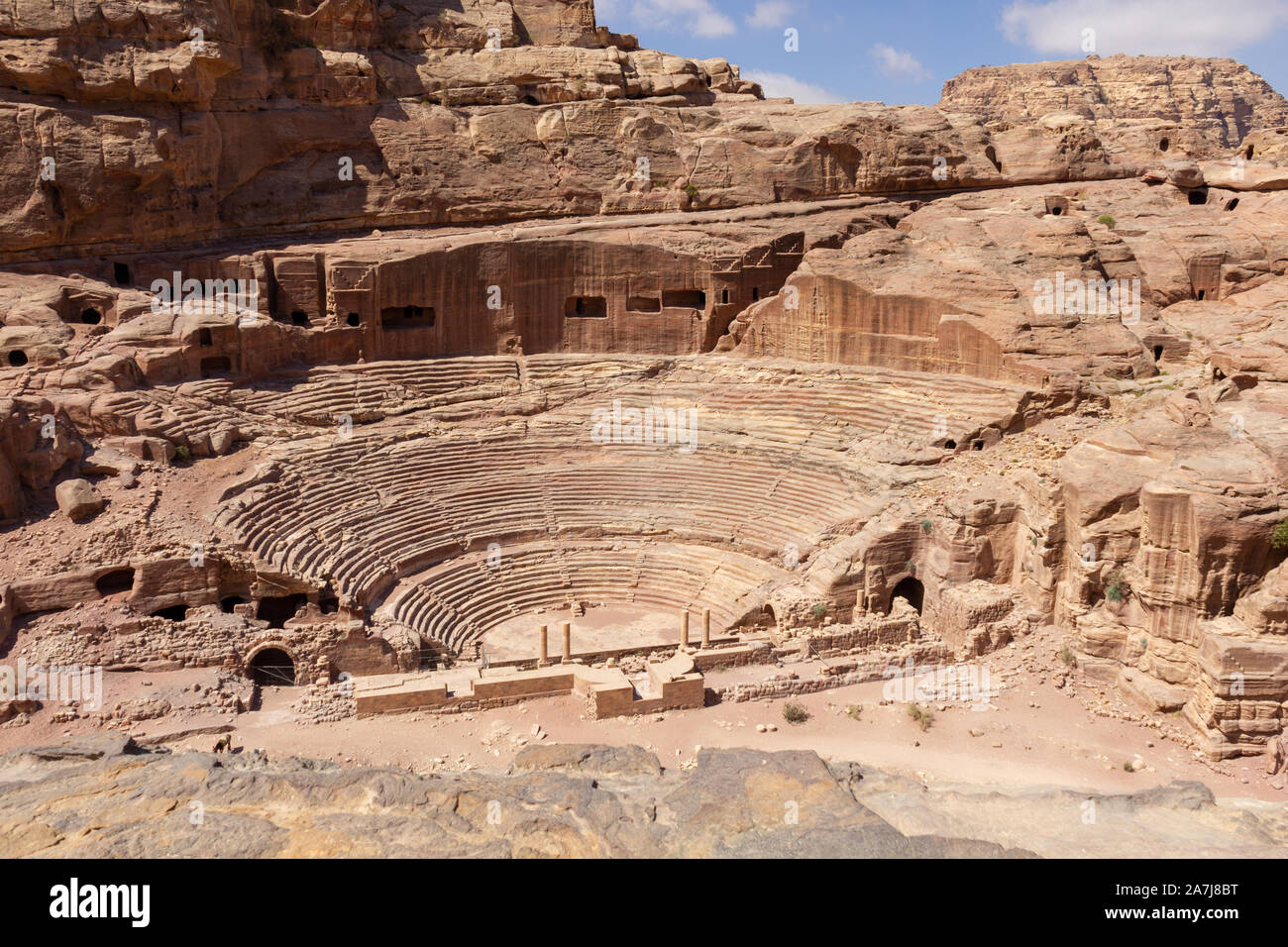 4000 seat amphitheatre carved in the mountain at 40 AD by the Nabataean kingdom Stock Photo