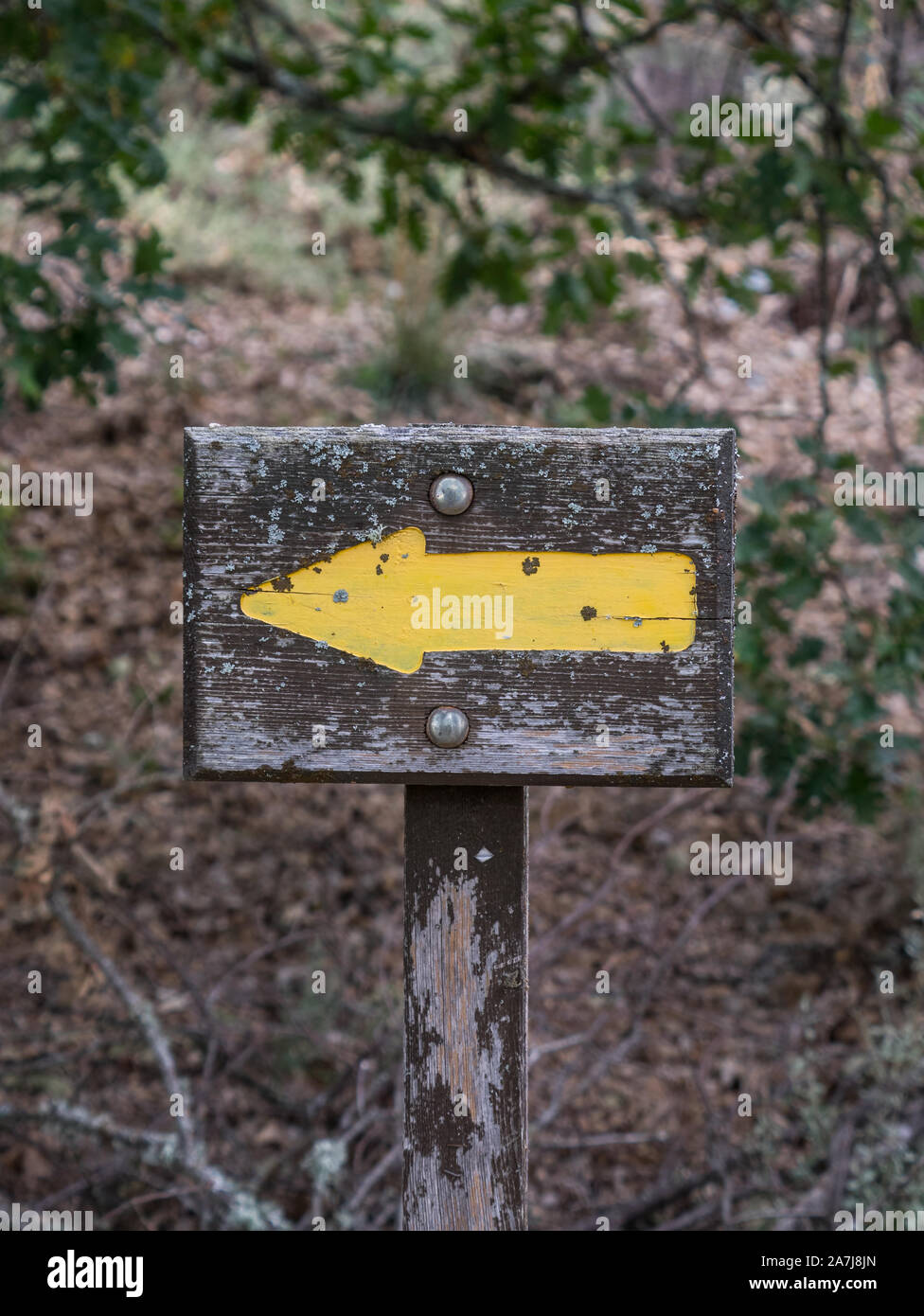 Sign of a 'Camino Tradicional' (traditional trail), a network of trails connecting villages and hamlets of the Sanabria area in Zamora, Spain Stock Photo