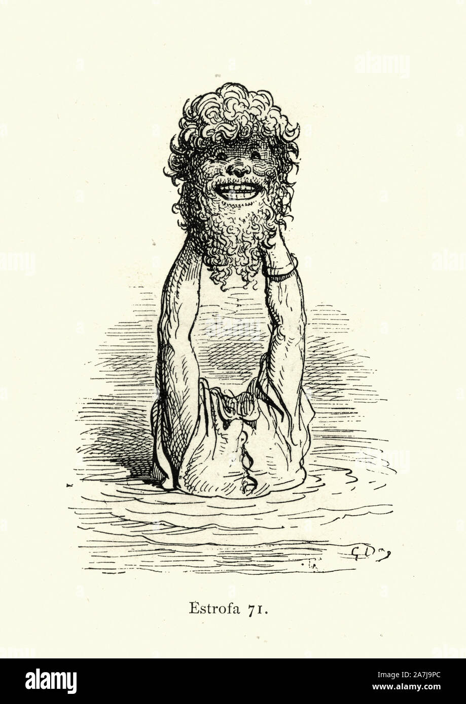 Vintage illustration from the story Orlando Furioso. Horror, Grinning headless giant. Orlando Furioso (The Frenzy of Orlando) an Italian epic poem by Ludovico Ariosto, illustrated by Gustave Dore. The story is also a chivalric romance which stemmed from a tradition beginning in the late Middle Ages. Stock Photo