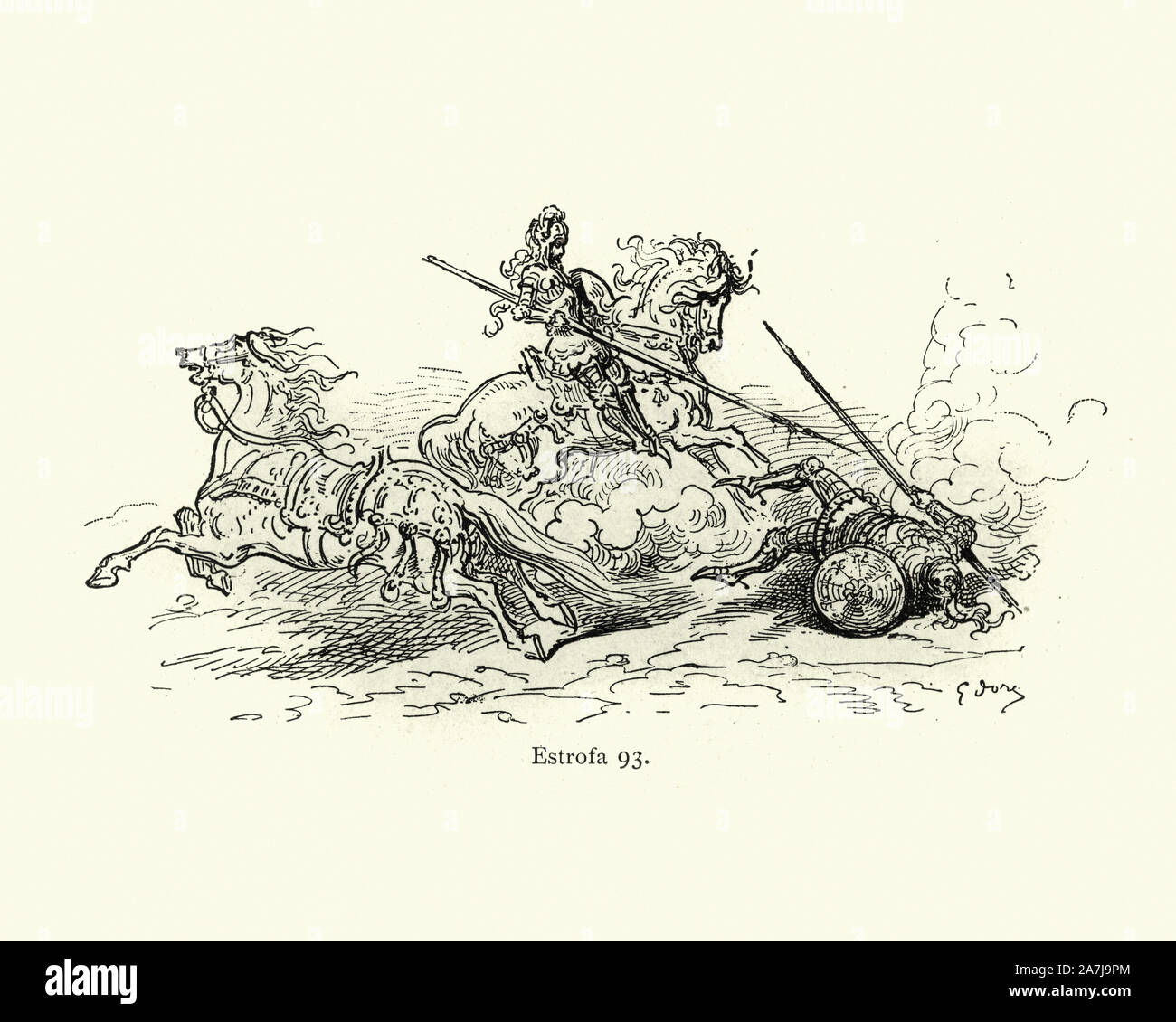 Vintage illustration from the story Orlando Furioso.  Knight knocked another of his horse with a lance. Orlando Furioso (The Frenzy of Orlando) an Italian epic poem by Ludovico Ariosto, illustrated by Gustave Dore. The story is also a chivalric romance which stemmed from a tradition beginning in the late Middle Ages. Stock Photo