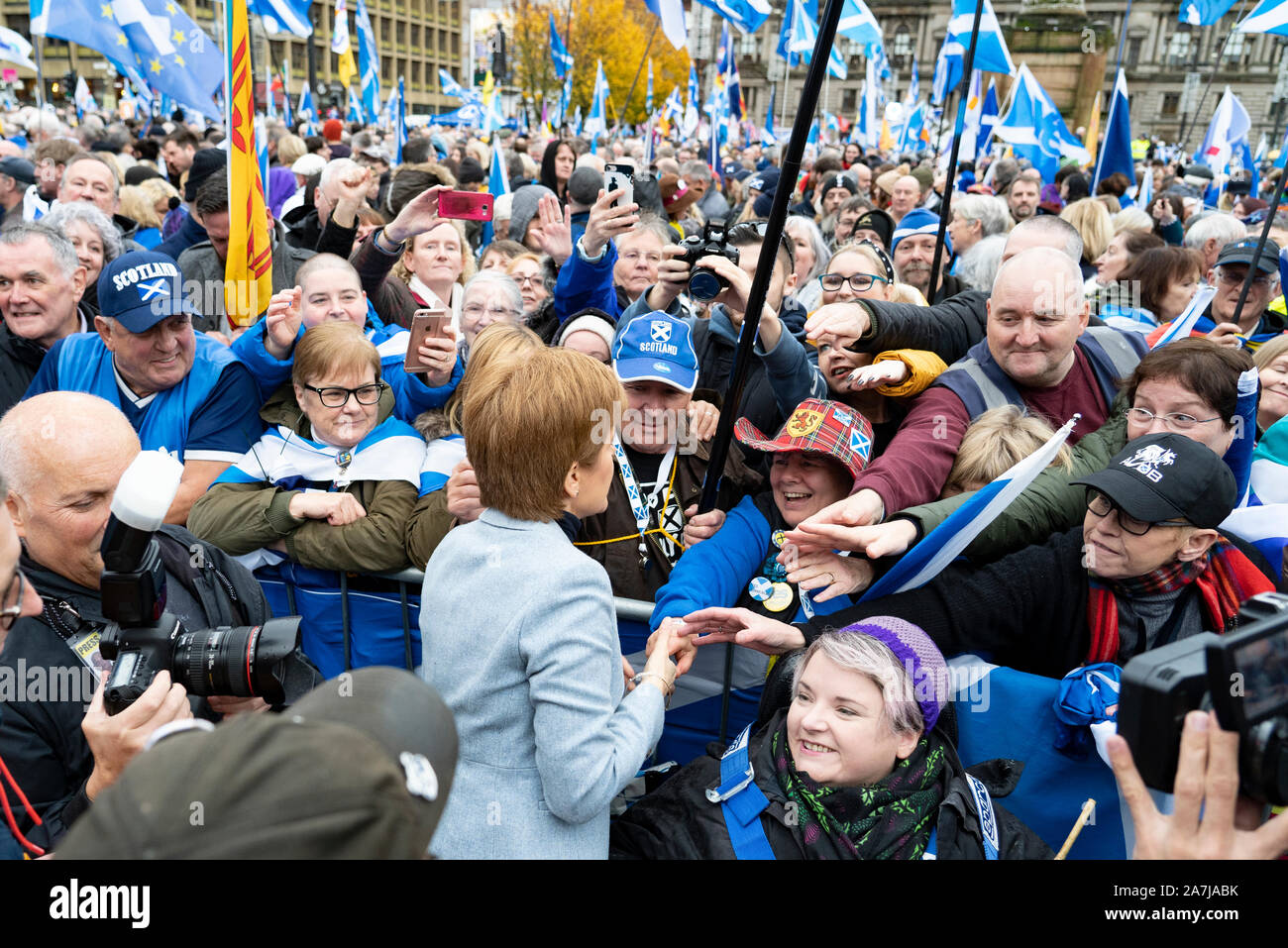 Scotland, UK. 2nd November 2019. Supporters of Scottish nationalism attend a rally in George Square Glasgow. The rally was organised by The National newspaper, the Scottish pro-Nationalism newspaper. First Minister Nicola Sturgeon addressed the rally.  Iain Masterton/Alamy Live News. Stock Photo