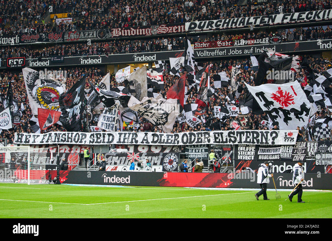 Football Eintracht Frankfurt - FC Bayern Munich , Frankfurt, November 02,  2019. fans demonstrate against high prices in fan shops EINTRACHT FRANKFURT  - FC BAYERN MUNICH 5-1 - DFL REGULATIONS PROHIBIT ANY