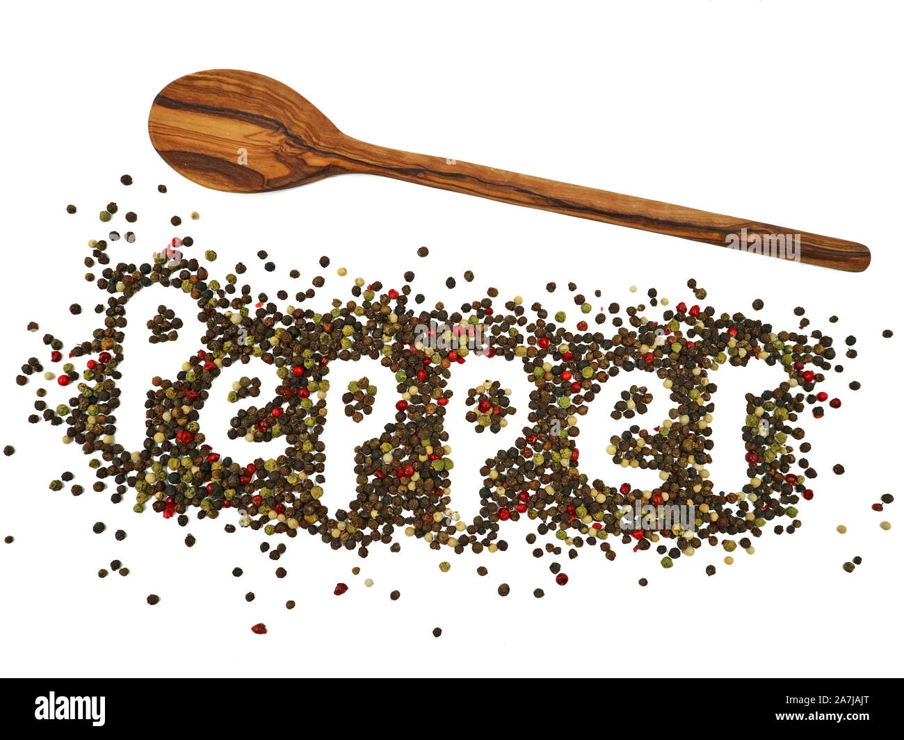 Mixed colored dried peppercorns with wooden spoon isolated on white background show the word ,,Pepper,, Stock Photo