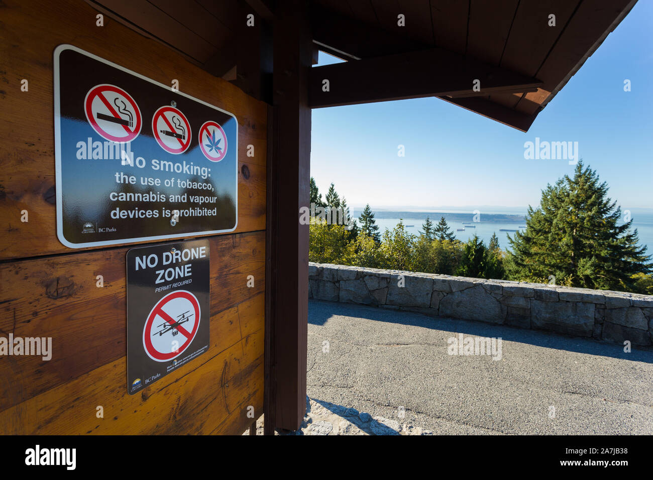 VANCOUVER, BC, CANADA - OCT 10, 2019: A sign indicating the restriction of cannabis products and cigarettes as well as the prohibition of the use of Stock Photo