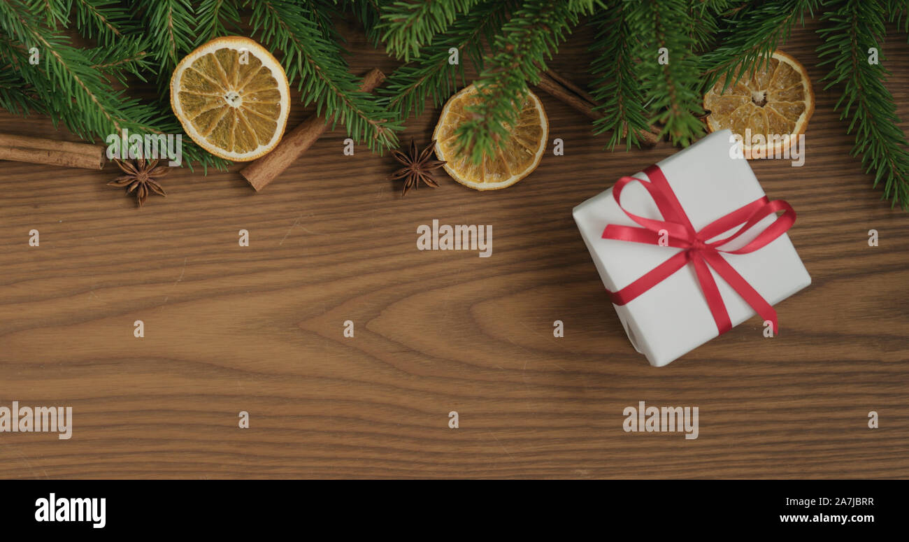 Top View Christmas Composition With White Gift Box Spruce