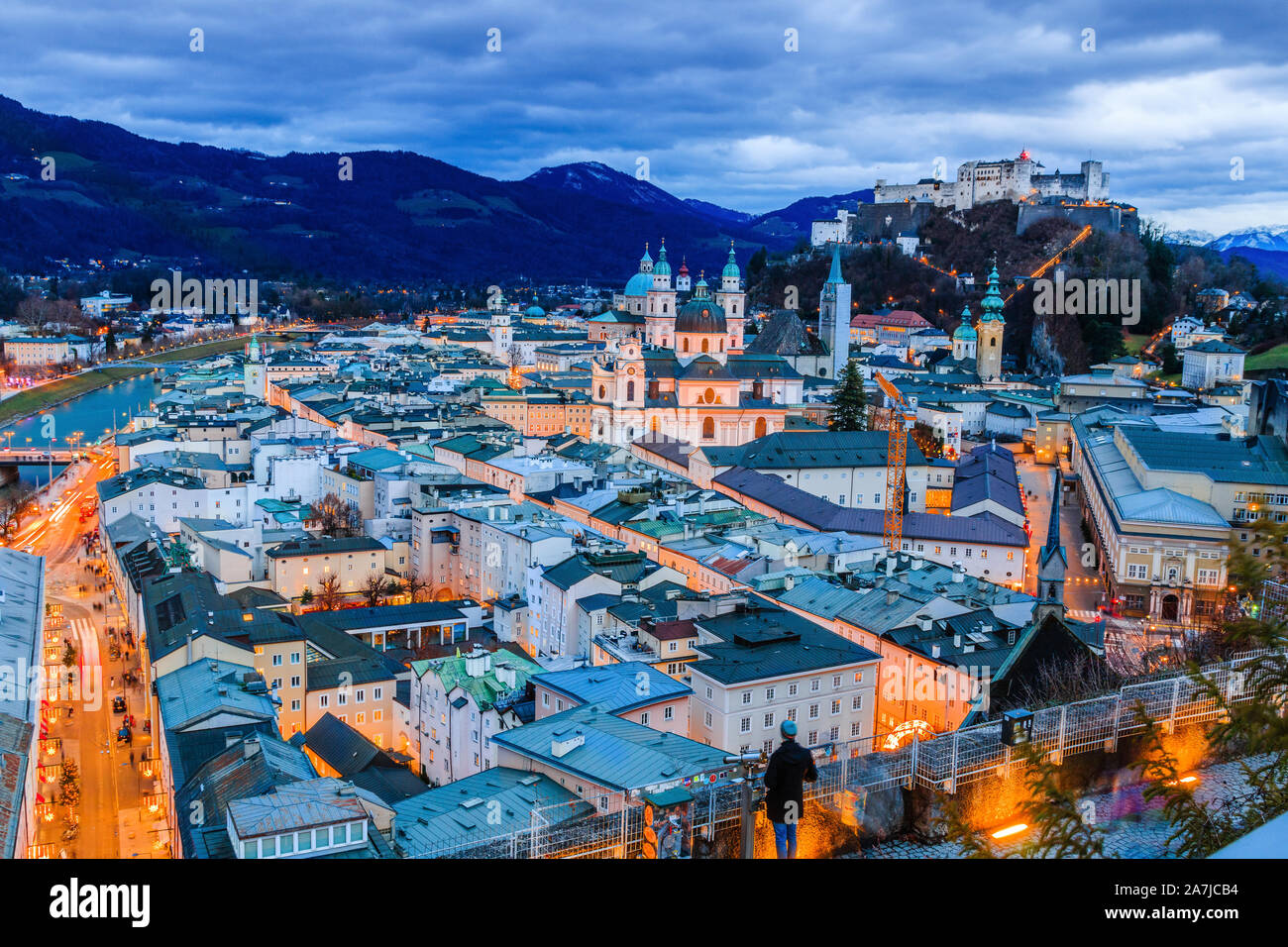 Salzburg, Austria. Festung Hohensalzburg fortress and Salzburger Dom at twilight. Stock Photo