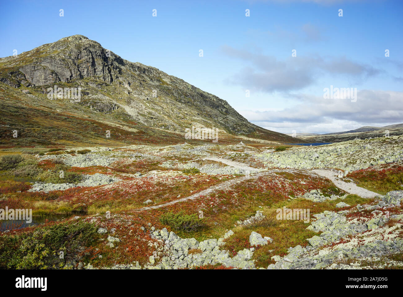 Summer at the Rondane National Park in Norway near Smuksjøseter fjellstue and Høvringen. Included are mountains and Peer Gynt cabin in the park. Stock Photo