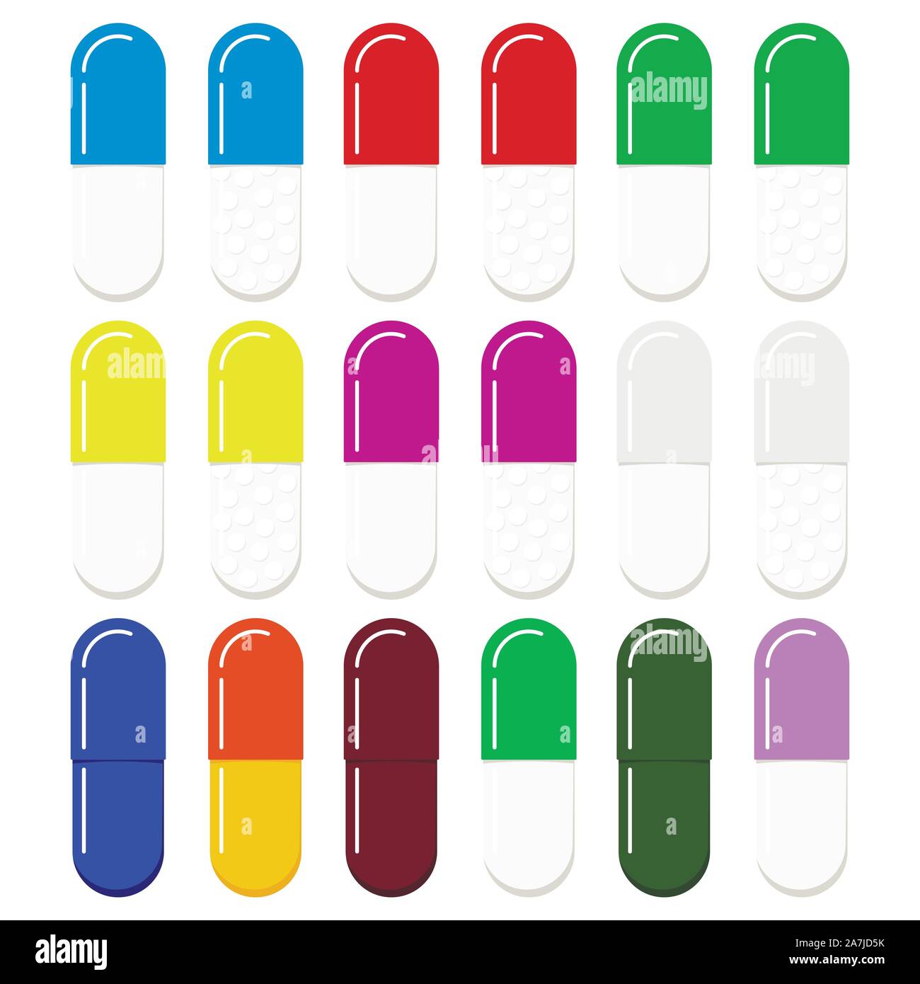 Colorful gelatin medical capsules templates set isolated on white background. Stock Vector