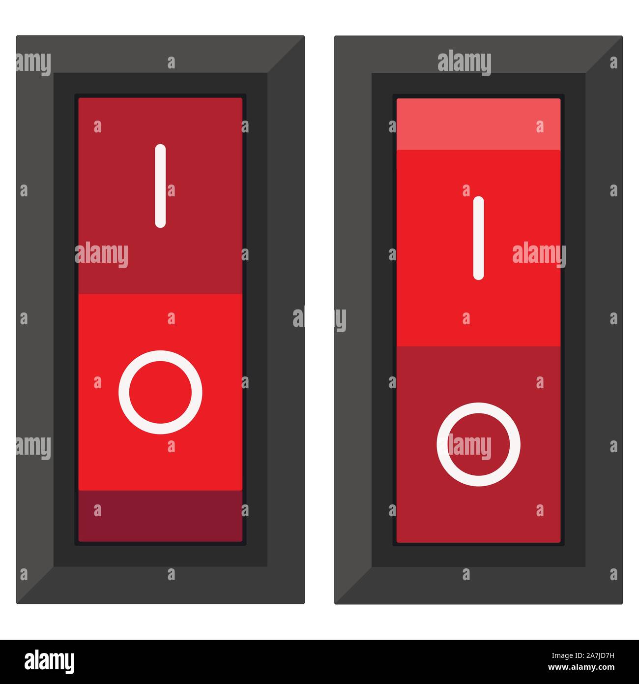 Red rectangular power toggle switches in on and off position set ...