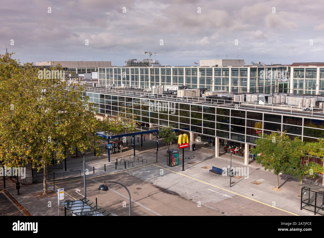 Central Milton Keynes shopping from a high viewpoint looking at the exteria, Buckinghamshire, England, Stock Photo