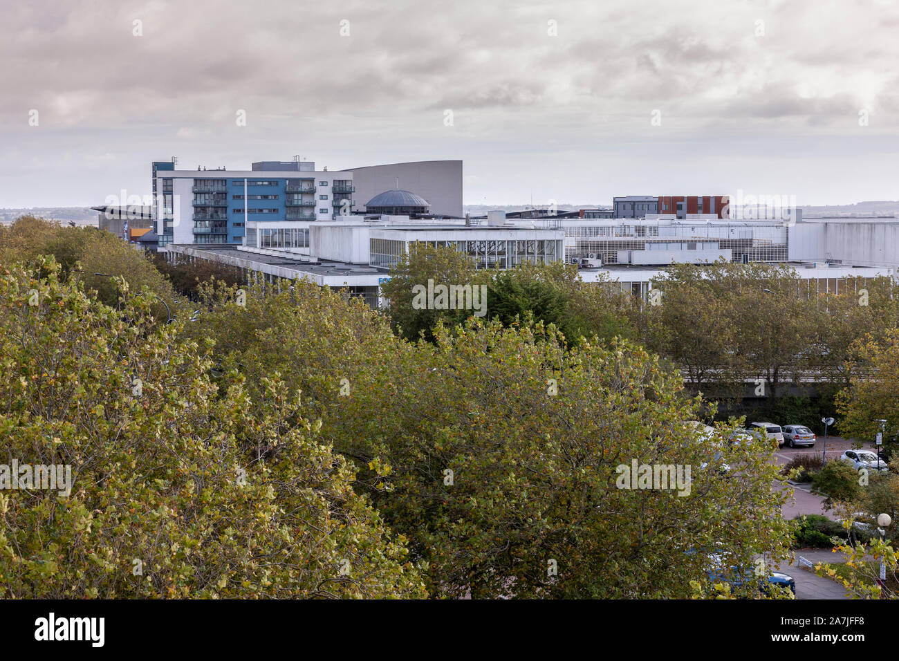 Central Milton Keynes shopping from a high viewpoint looking at the exteria, Buckinghamshire, England, Stock Photo