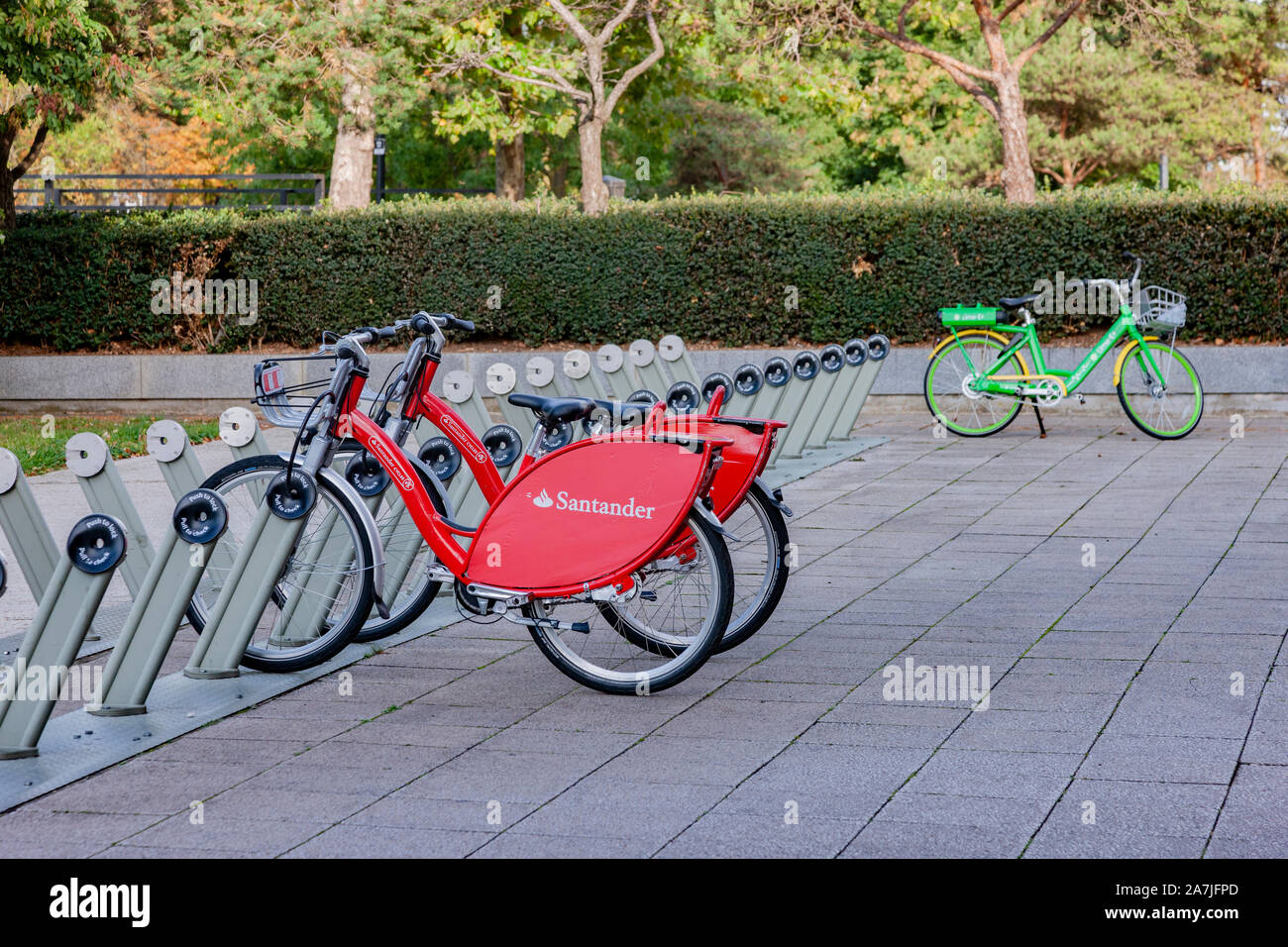 Electric push bikes not being used in Milton Keynes, Buckinghamshire. Stock Photo