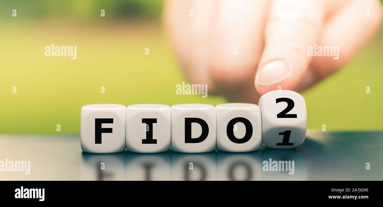 Hand turns a dice and changes the expression "FIDO1" to "FIDO2". Stock Photo