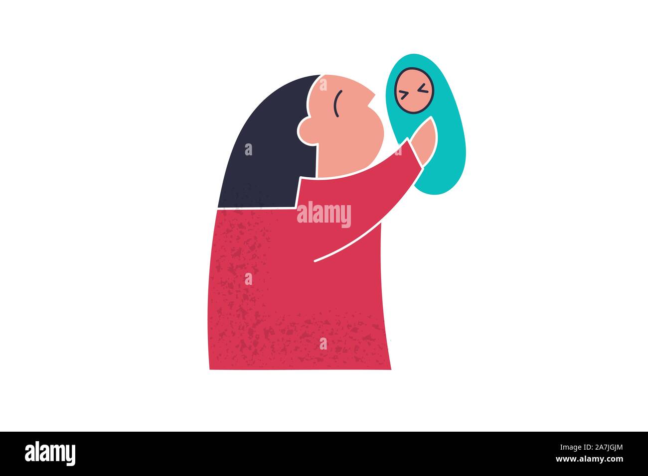 Mother hugs little baby newborn child hands Stock Vector