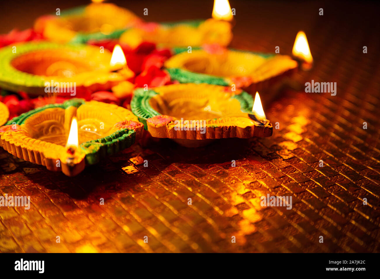 Nobody Shot Close-up Lighting Oil-lamps Diyas Illuminated on-Diwali Festival Celebration Stock Photo
