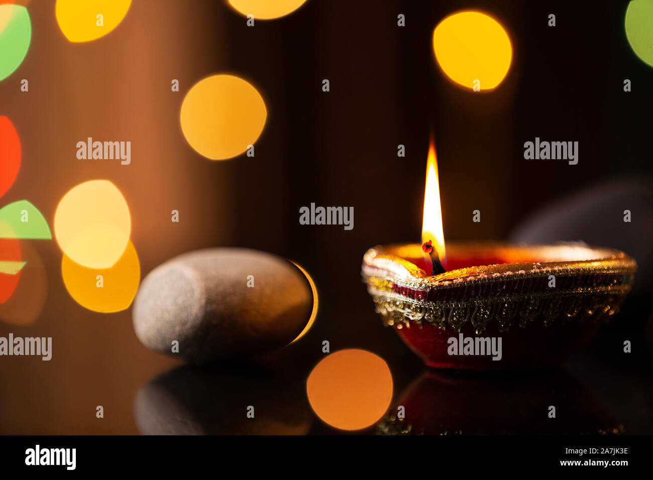 Hindu Festival Deepavali Diya Oil-lamp With Stone on-Diwali Festival Celebration Stock Photo