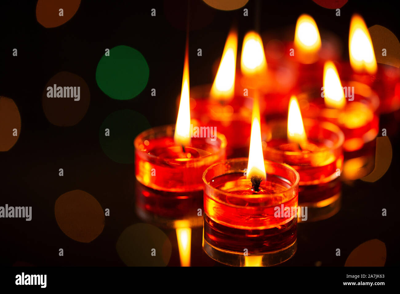 Close-up Group tea candles burning lighting During Diwali Festival Celebration Nobody Shot Stock Photo