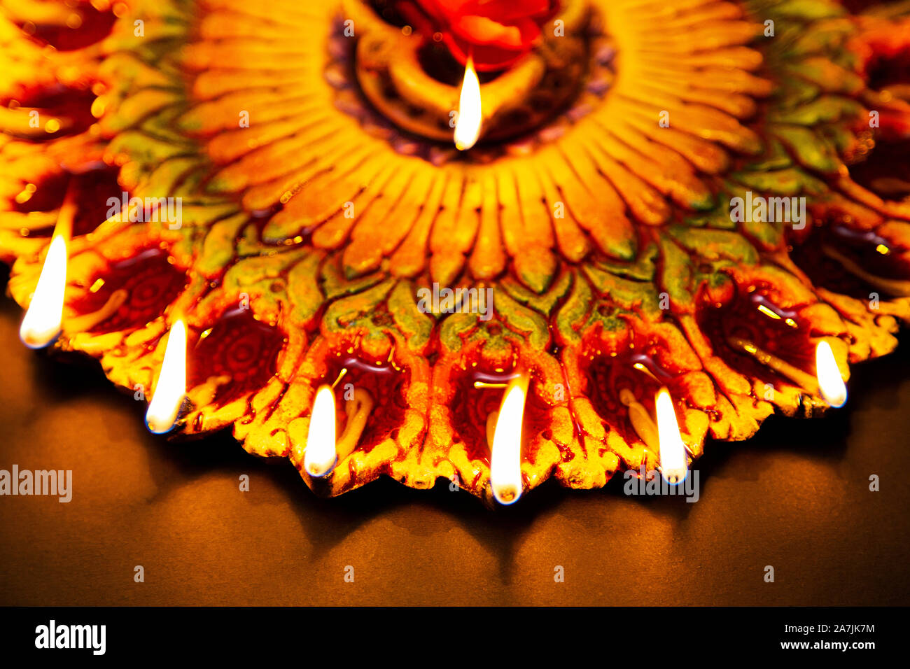 Traditional Burning Diya oil-lamps Plate on Diwali Festival Celebration Nobody-Shot Stock Photo