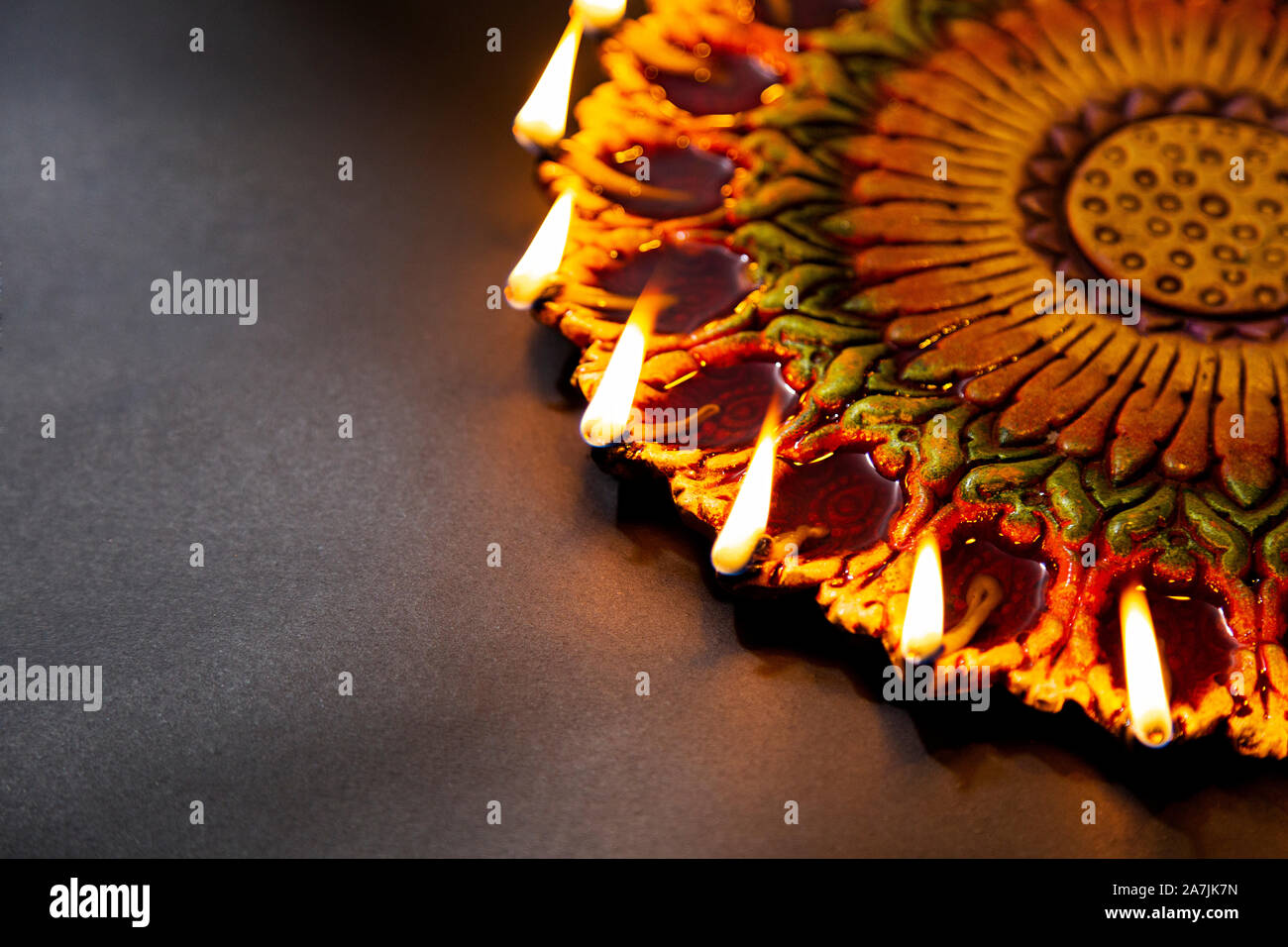 Close-up Burning Diya oil-lamp Plate Light Illuminated Durning Diwali Festival Nobody Stock Photo