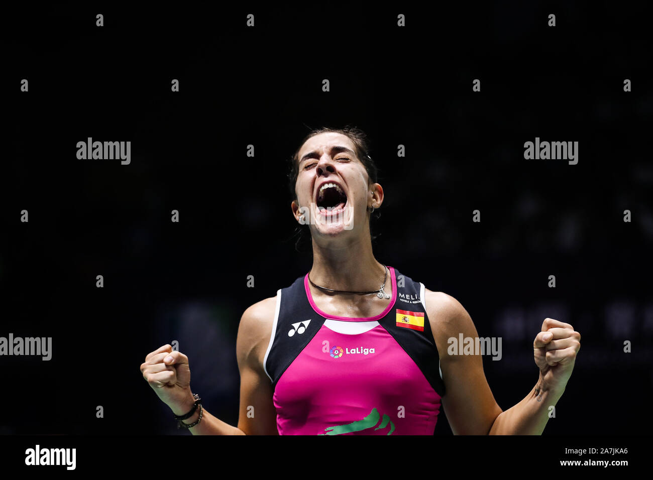 Spanish professional badminton player Carolina Marin competes against