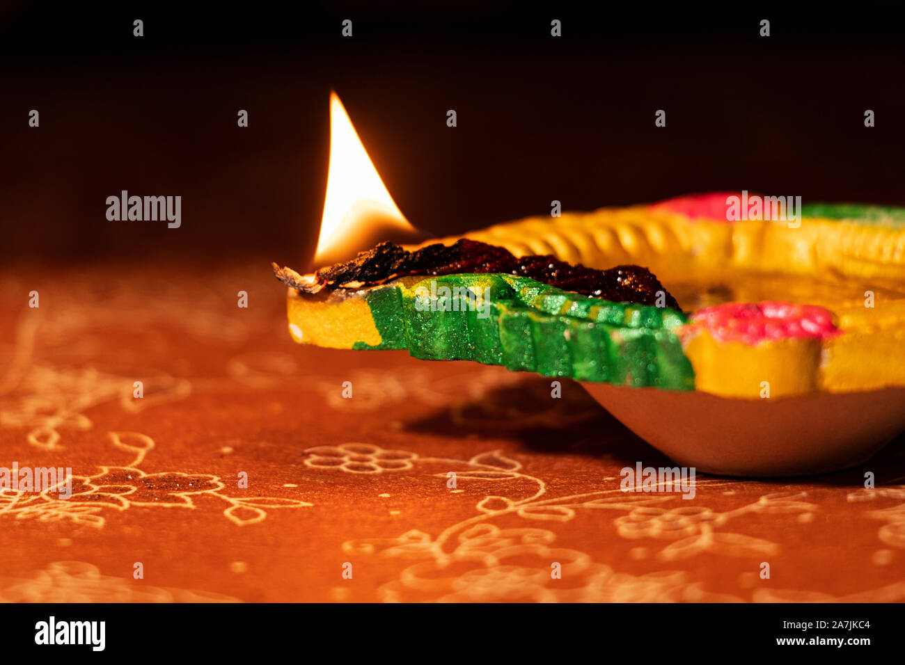 Burning Diwali Diya oil-lamp Lighting on Diwali Festival nobody Stock Photo