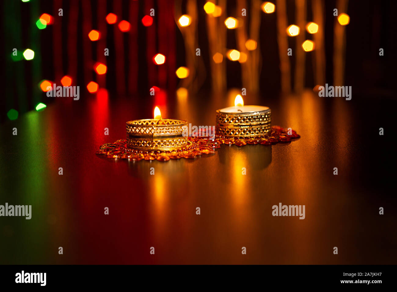 Happy Diwali Burning tealight candles lighting on Deepavali Festival Celebration At-night Stock Photo