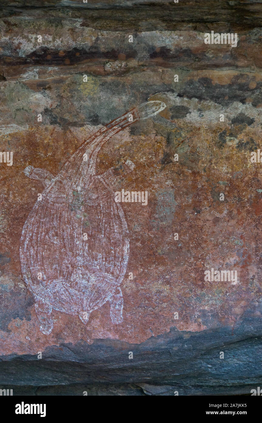 Ancient Aboriginal Art: hand prints, animal herds, spiral, Kakadu National Park, Australia Stock Photo
