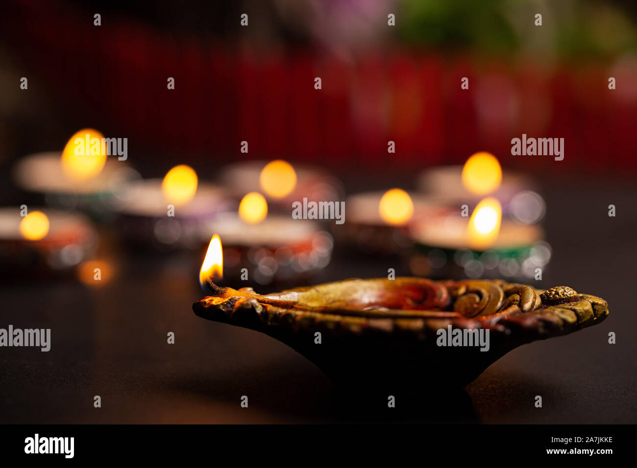 Nobody-Shot Close-up Burning Diya Oil-lamp Light Illuminated On-Deepawali Festival Celebration Stock Photo