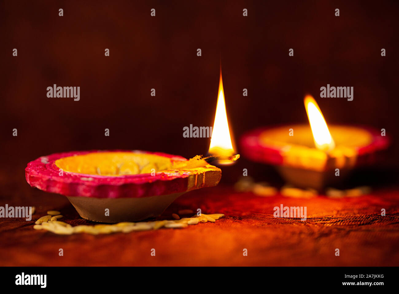 Nobody Shot close-up burning Diya oil-lamp Lighting on-Diwali Festival Celebration Stock Photo