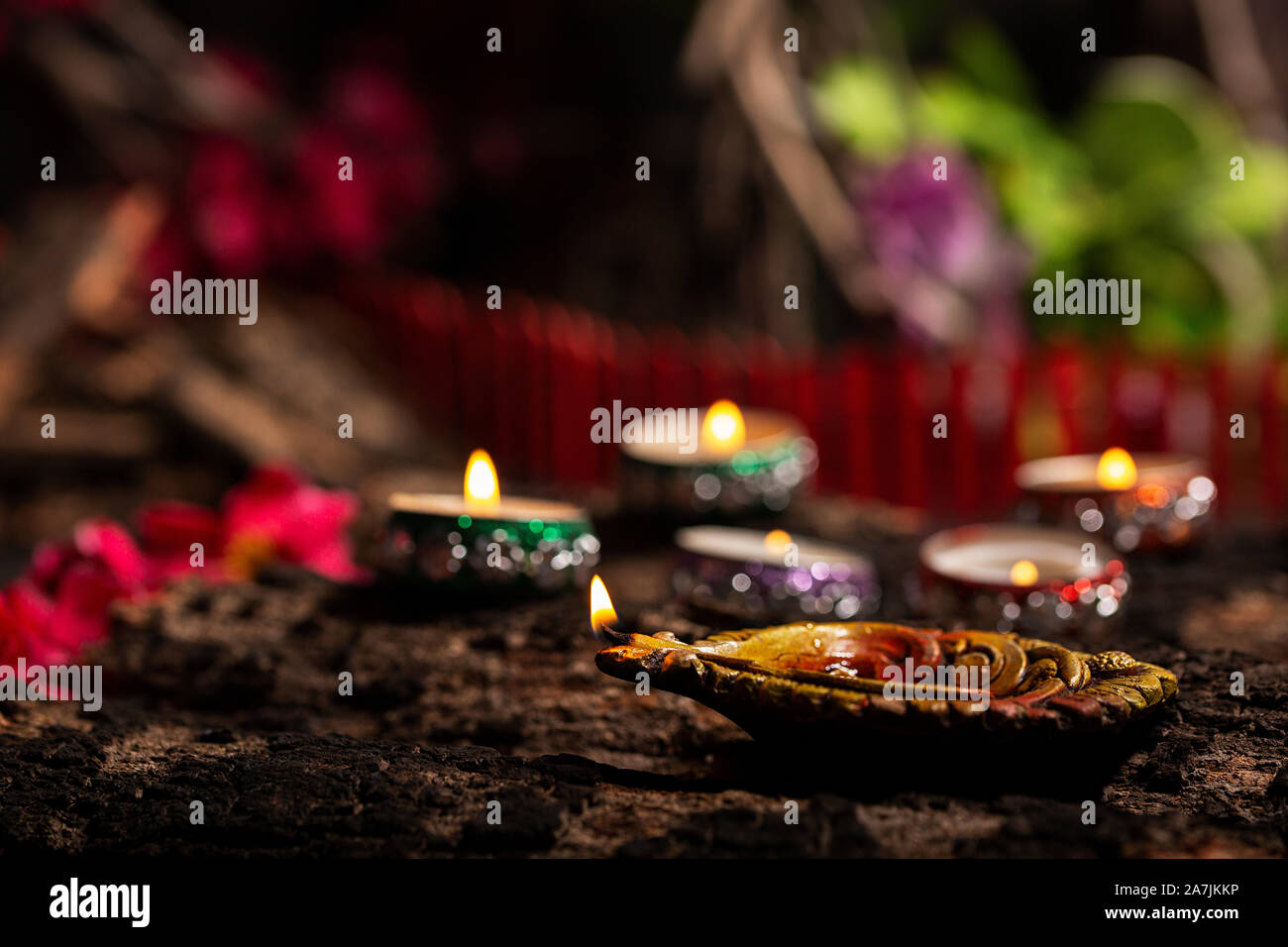 Close-up Burning Illuminated Diya Oil-Lamp Lighting On-Diwali Festival Celebration Nobody Stock Photo
