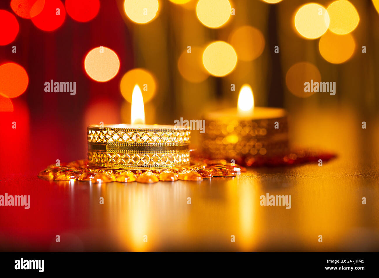 Nobody Shot Tealight Candles are burning During Diwali Festival Celebration In-india Stock Photo