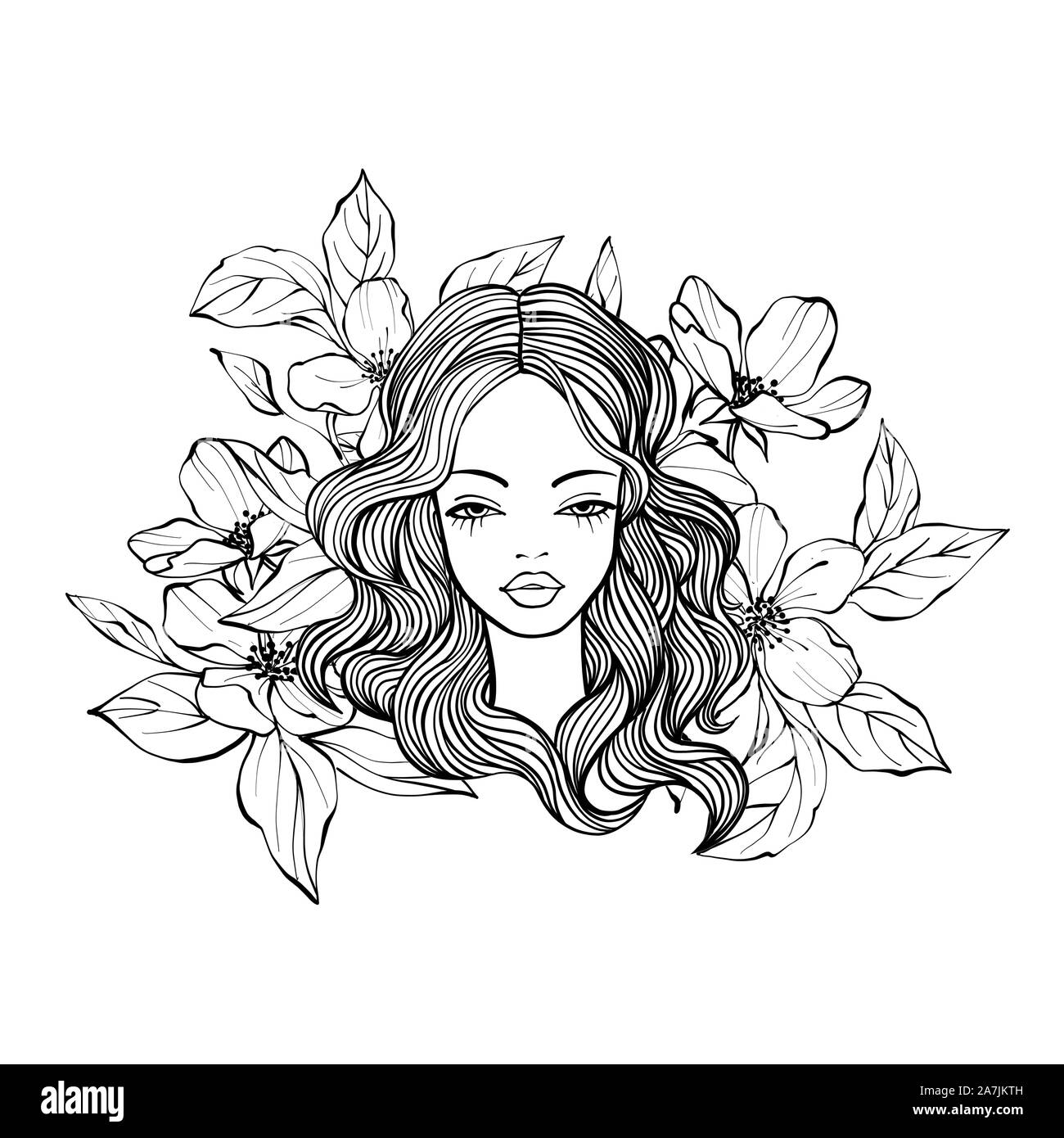 Beautiful woman with flowers and long hairs. Line art Stock Photo - Alamy