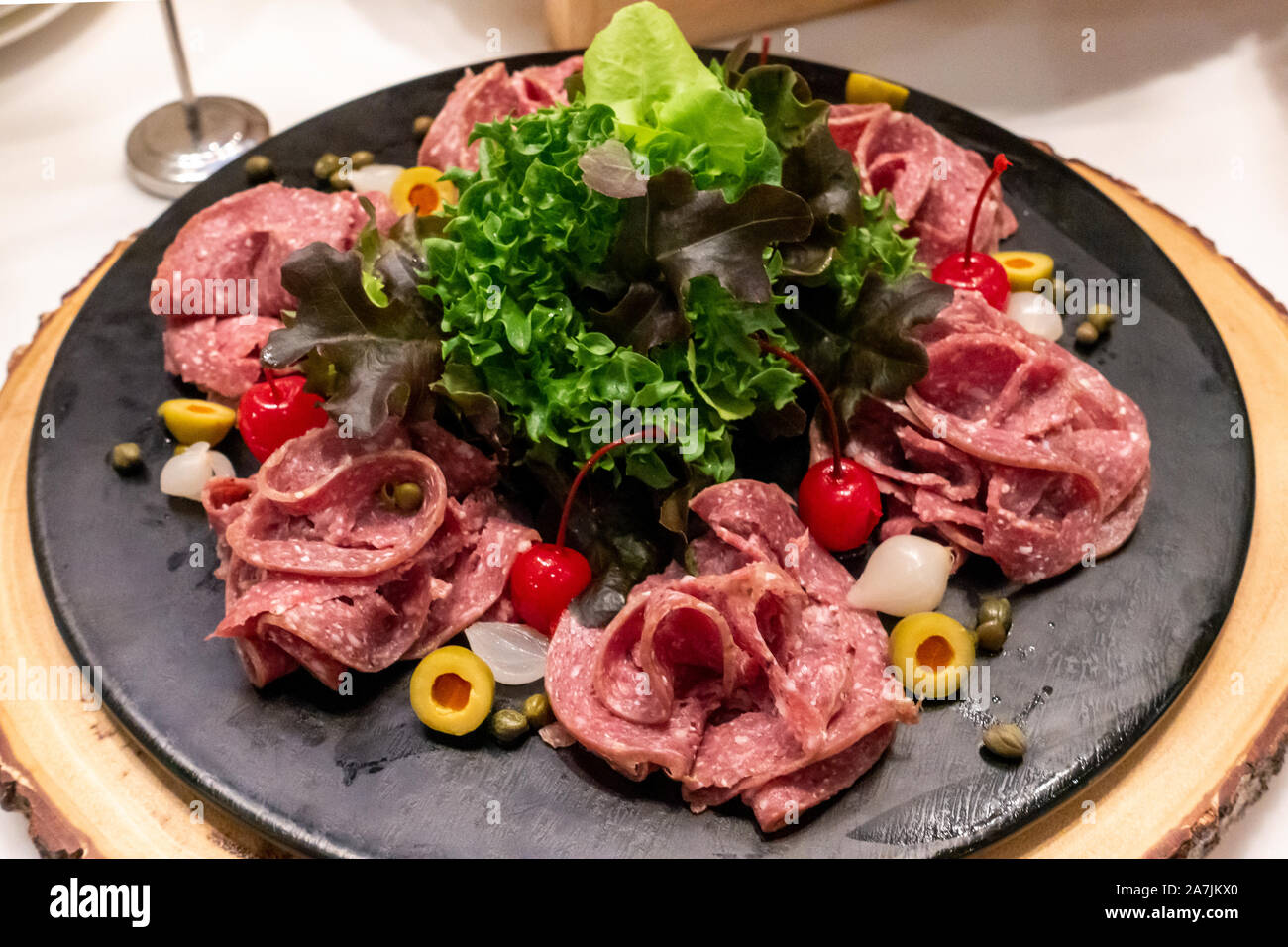Variety of Cold cut, pork and beef salami, for salad station in buffet