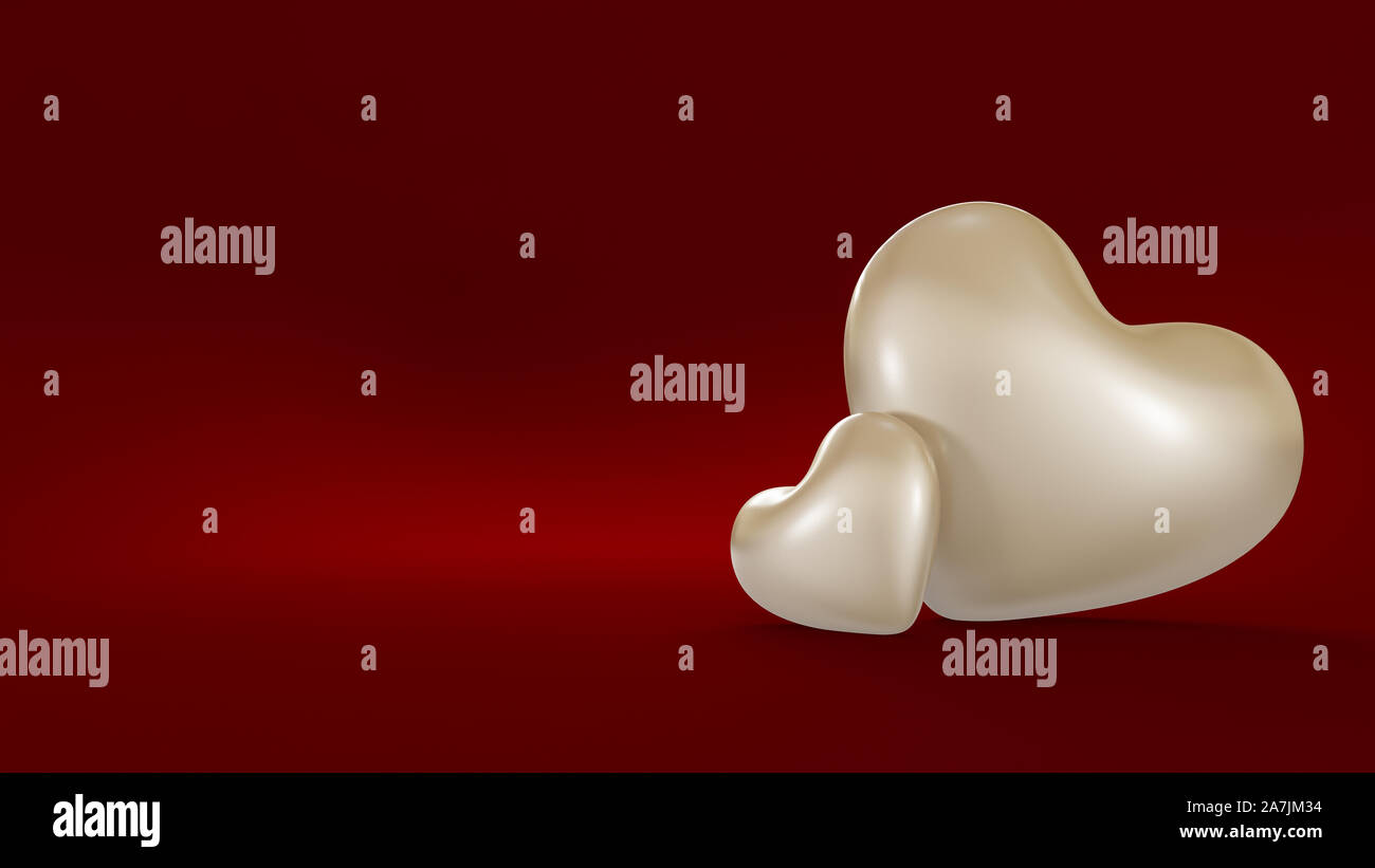 The stylish red background with two hearts white.3d rendering 3d ...