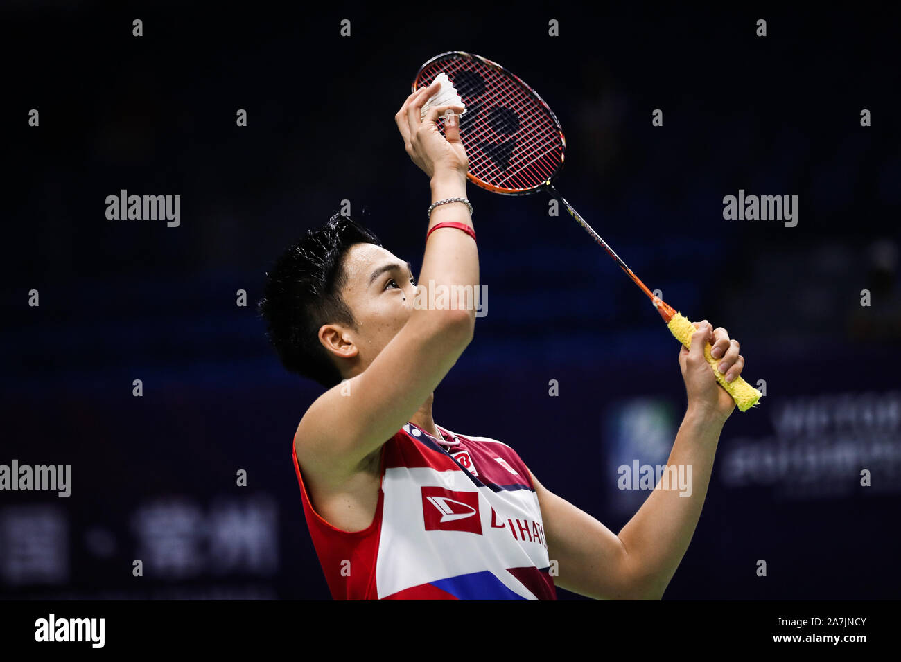 Japanese Professional Badminton Player Kento Momota Competes Against Indonesian Professional Badminton Player Tommy Sugiarto At The Second Round Of Me Stock Photo Alamy