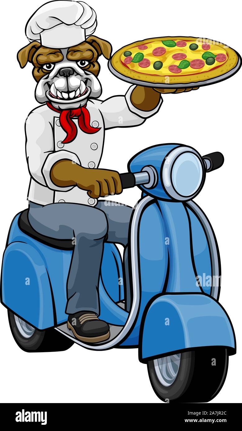 Bulldog Chef Pizza Restaurant Delivery Scooter Stock Vector