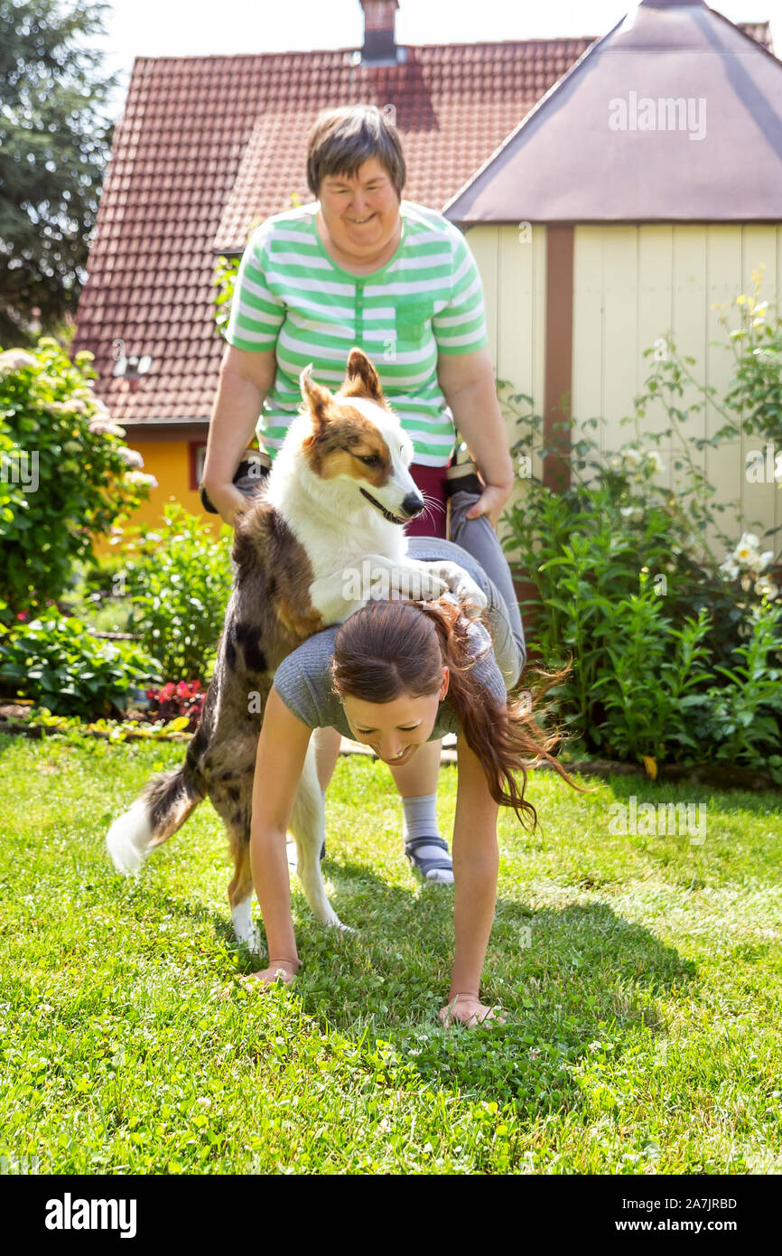 mentally disabled woman with a second woman and a companion dog, concept learning by animal assisted living Stock Photo