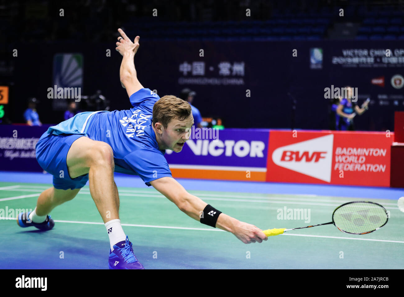 Danish professional badminton player Viktor Axelsen competes against  Japanese professional badminton player Kanta Tsuneyama at the first round  of VICT Stock Photo - Alamy