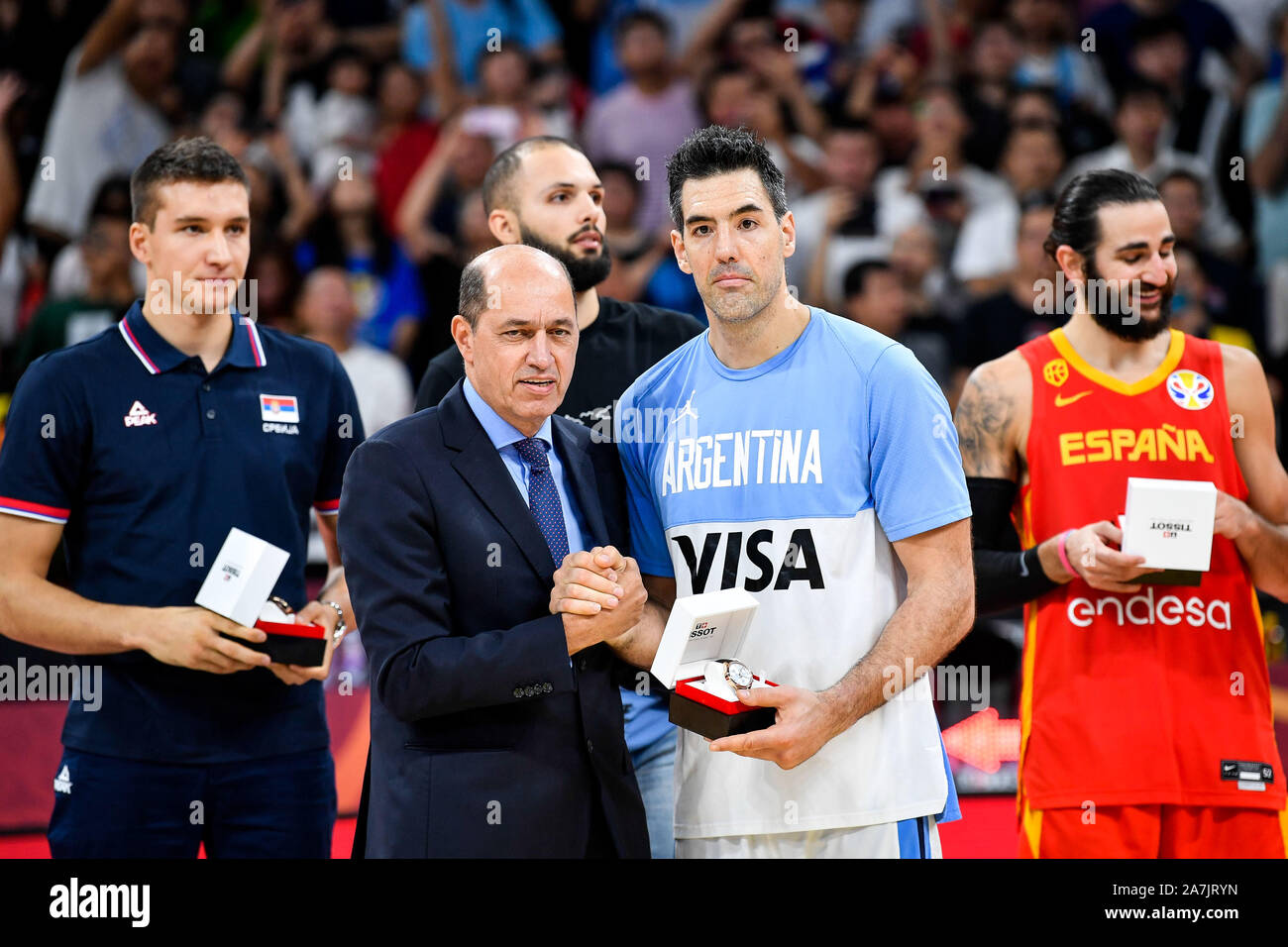 Argentina professional basketball player Luis Scola, front right, are announced to be among the All-Star Five in 2019 FIBA World Cup in Beijing, China Stock Photo