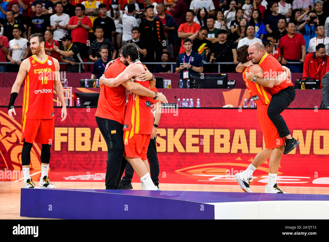 Basketball players of Spain celebrate winning the chaimpionships after