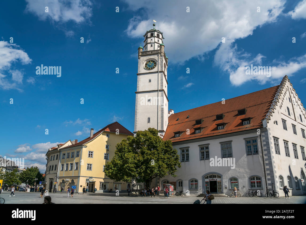 Blaserturm am Marienplatz, Ravensburg,  Oberschwaben, Baden-Württemberg, Deutschland   |  Blaserturm trumpeter's tower in Ravensburg,  Upper Swabia, B Stock Photo