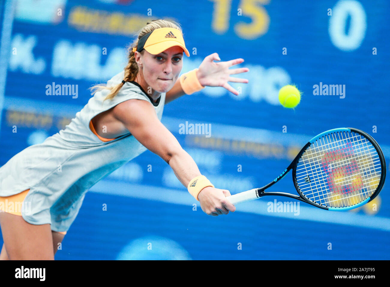 French professional tennis player Kristina Mladenovic plays against Croatian professional tennis