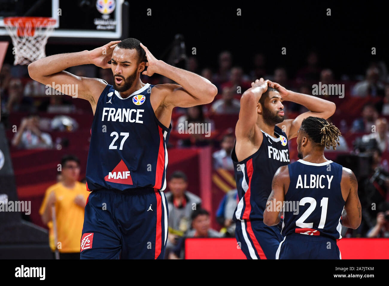 Rudy Gobert of France, left, and Nicolas Batum of France, middle, regret  during semifinal match against Argentina of FIBA World Cup at the Cadillac  Ar Stock Photo - Alamy