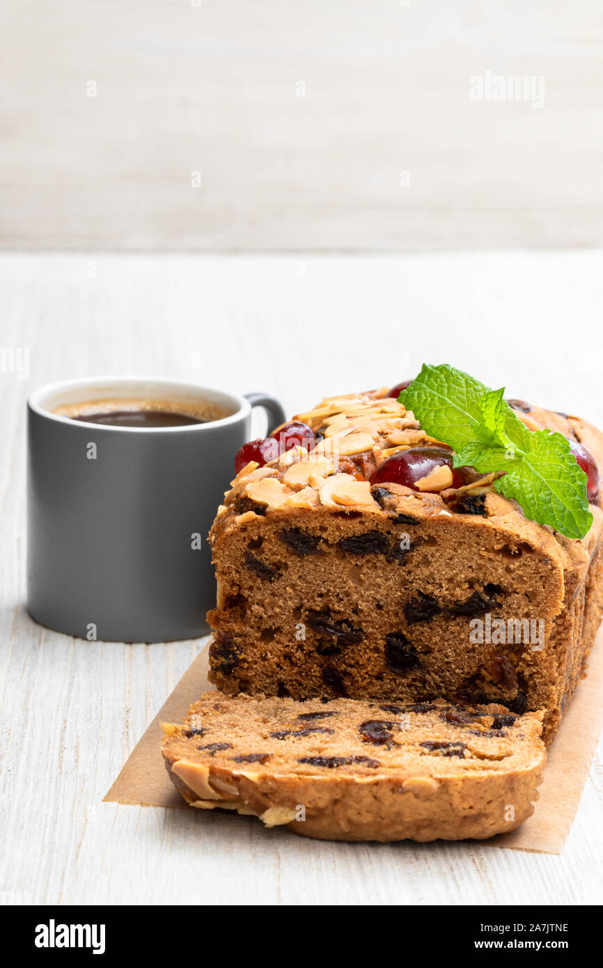 Mixed Fruit Loaf Cake With Cup Of Coffee On Wooden Table Stock Photo Alamy