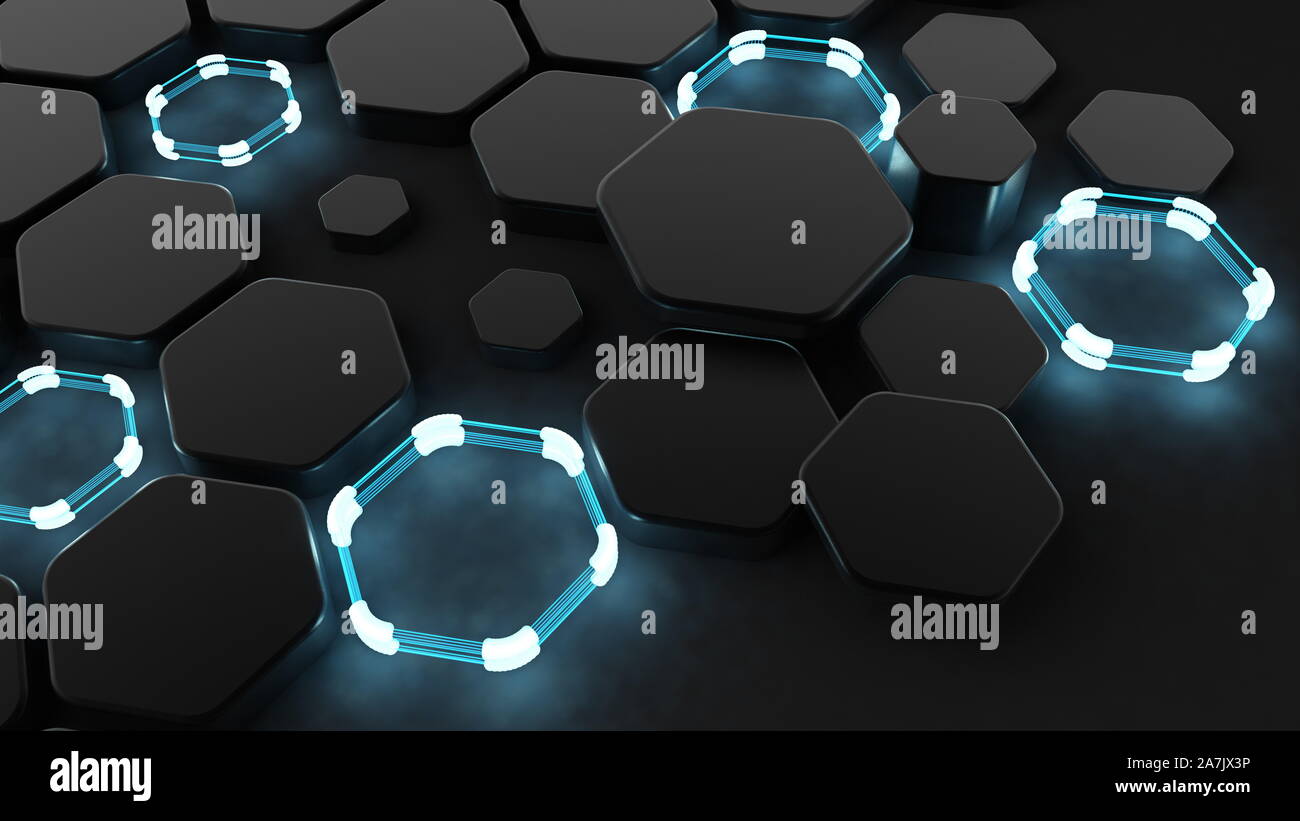 Black abstract background with hexagons and glow. 3d rendering, 3d ...